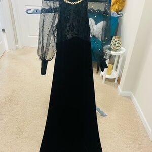 Black Long Sleeve Maxi Dress with Sheer Polka Dot Sleeves